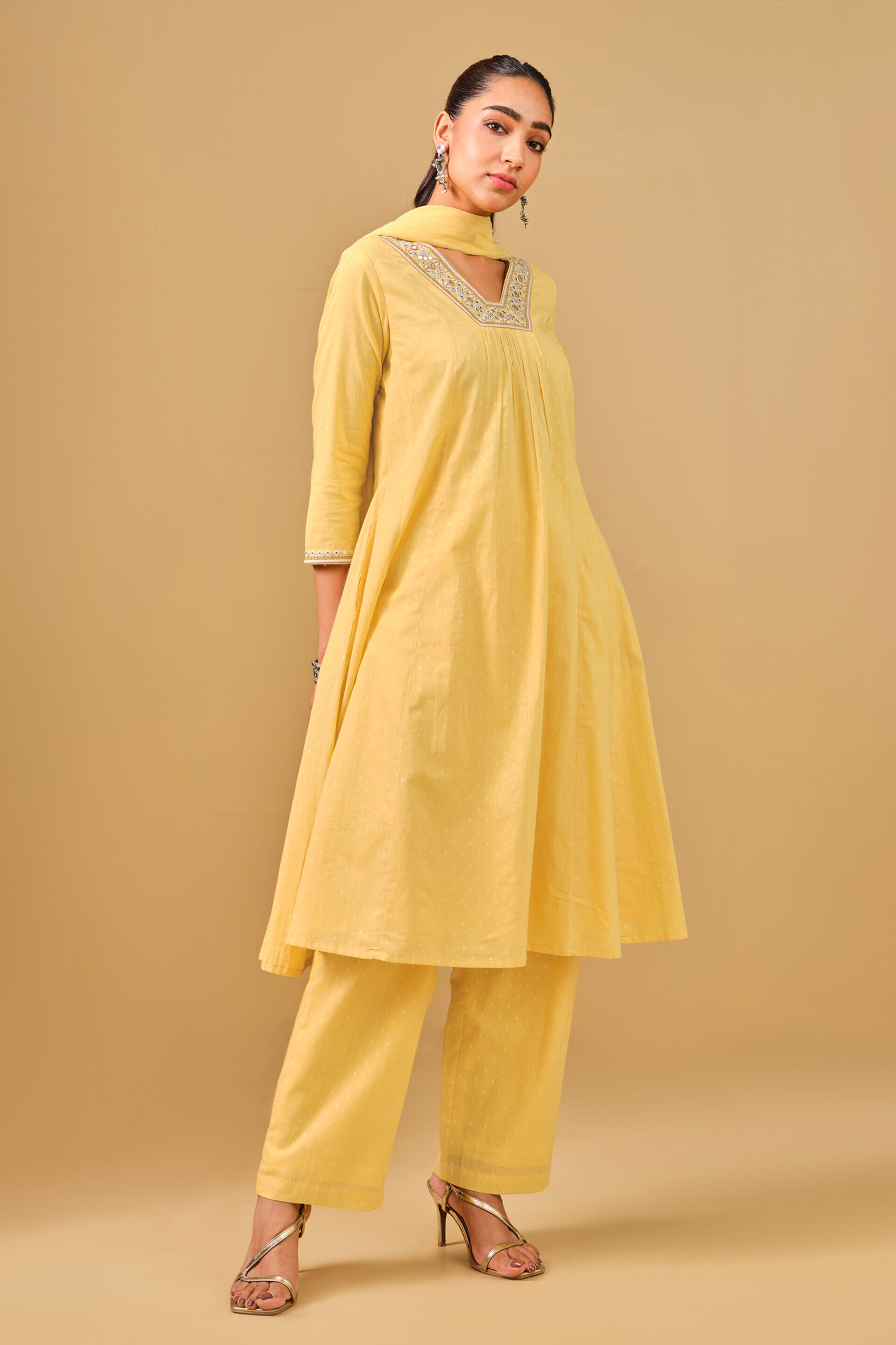 Yellow Mirror Embroidered Cotton Kurta Set, Yellow, image 2